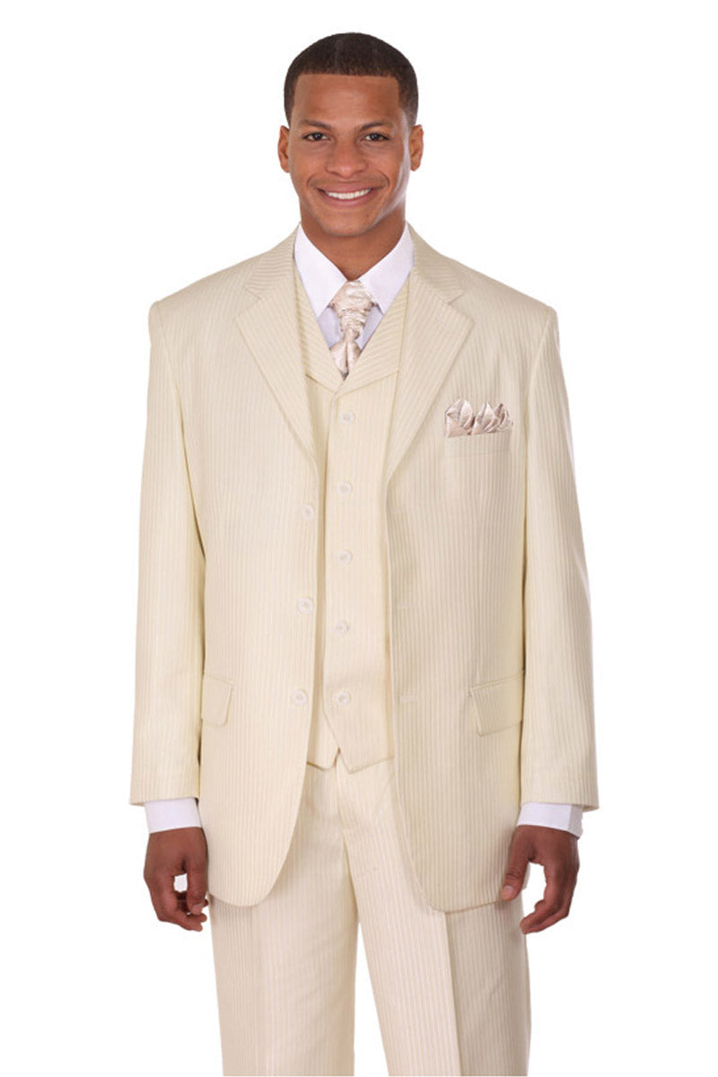 Mens 3 Button Vested Tonal Stripe Suit in Cream