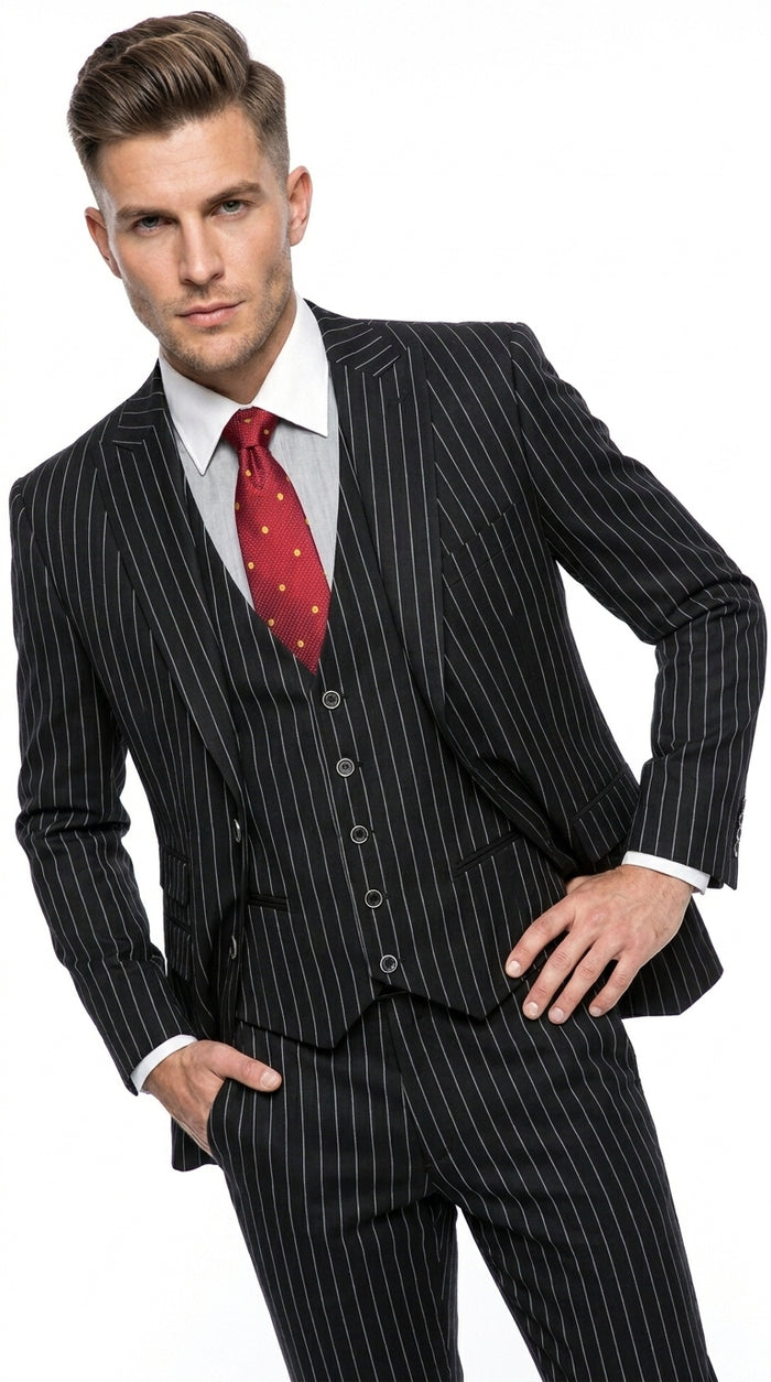 Men’s Beetlejuice Black Pinstripe 3 Piece Suit – Vintage Gothic Halloween Costume Suit