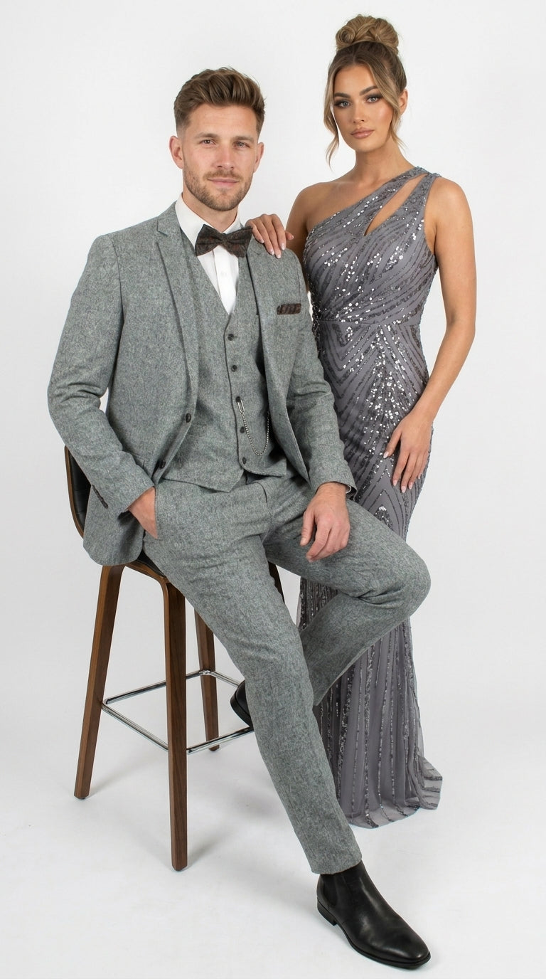 Men’s Grey Edwardian 3 Piece Suit – Vintage Victorian Wedding Suit with Vest Herringbone Tweed Fabric