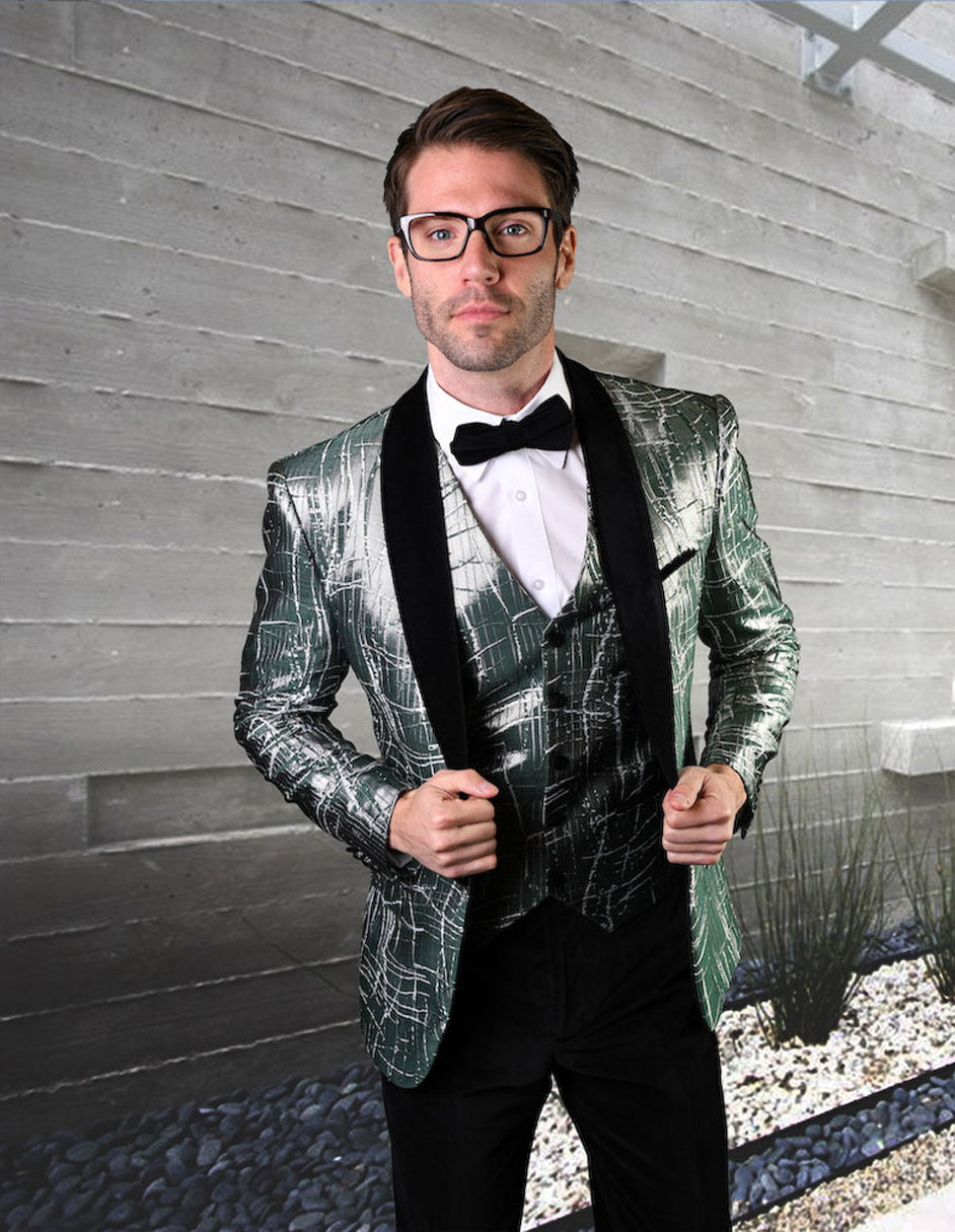 One Button Green Organic Print Prom Tuxedo