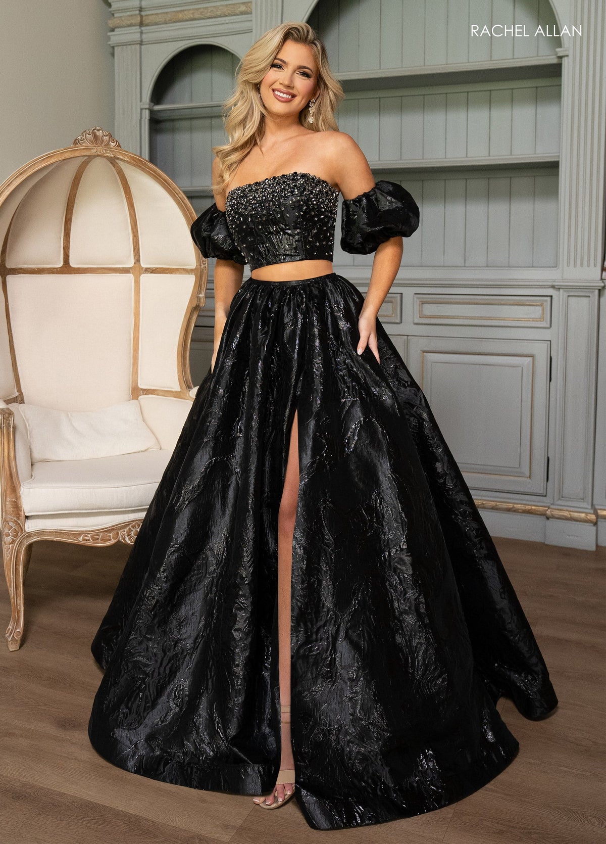 Rachel Allan 70707 Jacquard 2-Piece Puff Sleeve Ball Gown with Slit