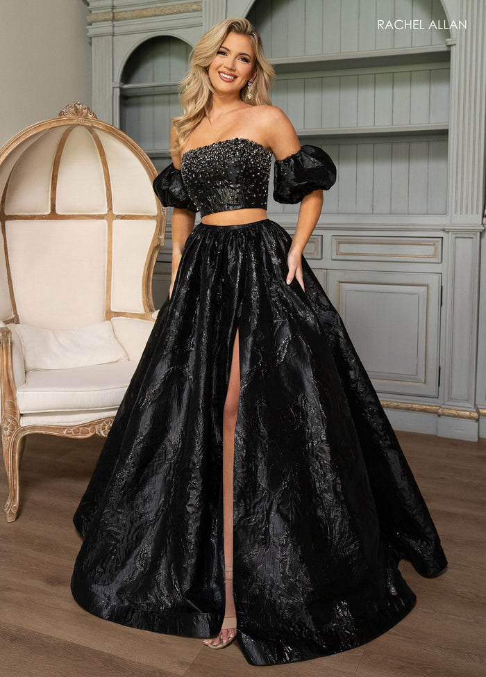 Rachel Allan 70707 Jacquard 2-Piece Puff Sleeve Ball Gown with Slit