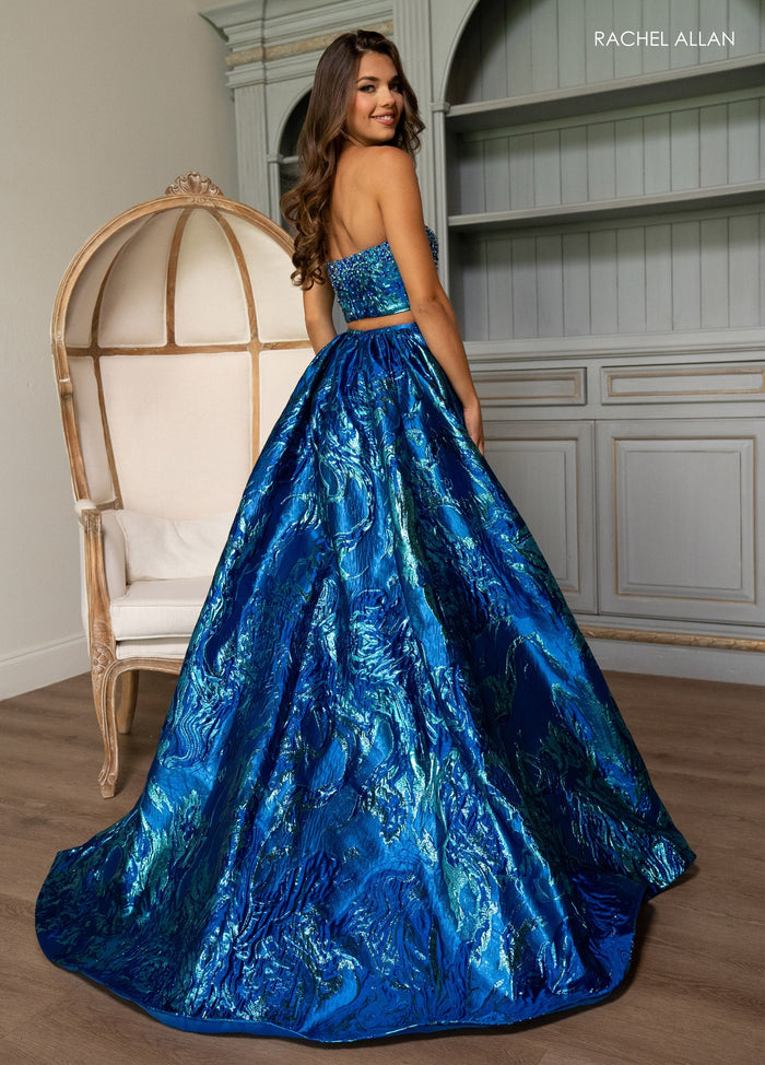 Rachel Allan 70707 Jacquard 2-Piece Puff Sleeve Ball Gown with Slit