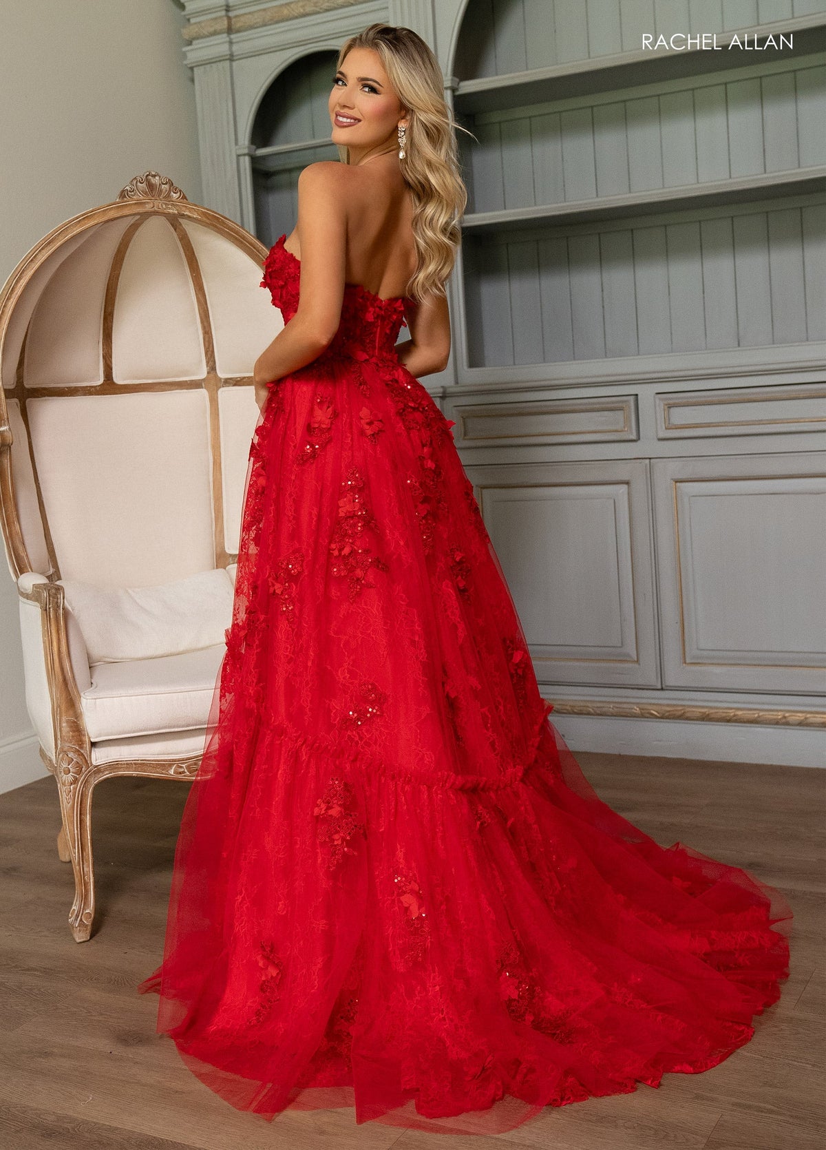 Rachel Allan 70724 3D Floral Strapless A-line Slit Gown