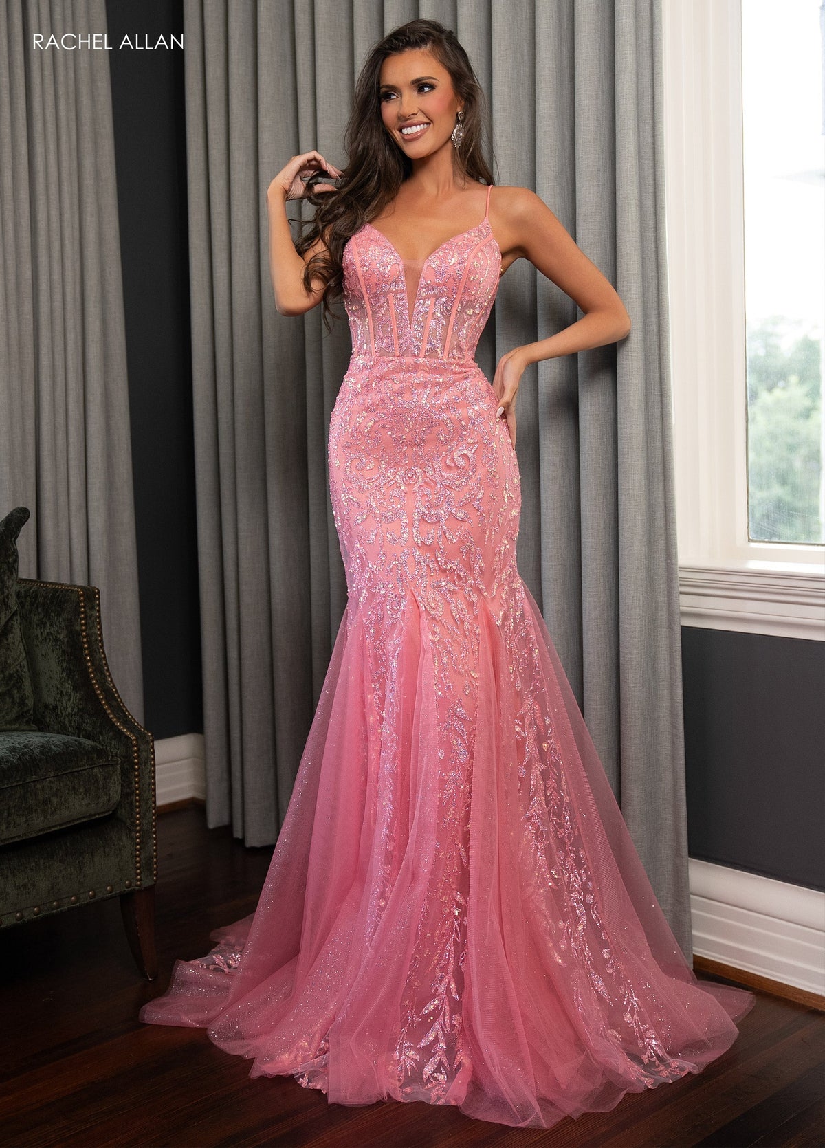 Rachel Allan 70750 Glitter Print Fitted Corset Gown
