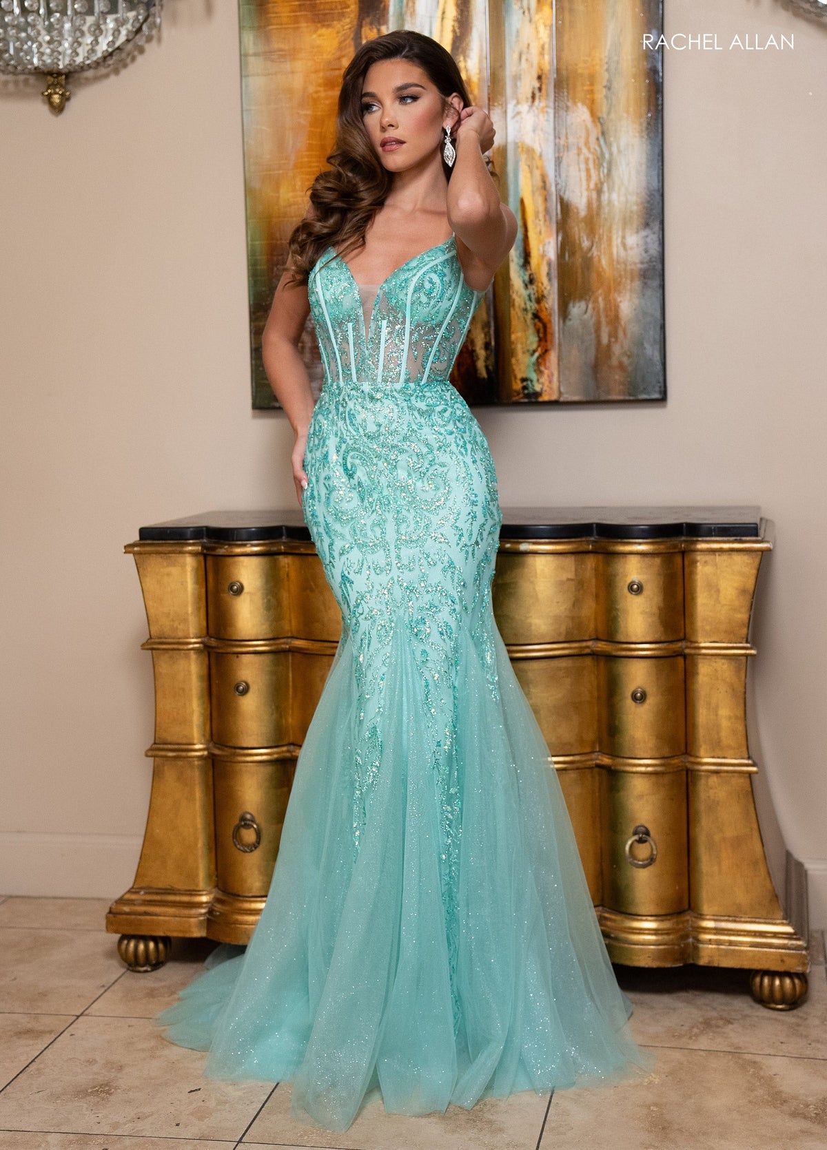 Rachel Allan 70750 Glitter Print Fitted Corset Gown