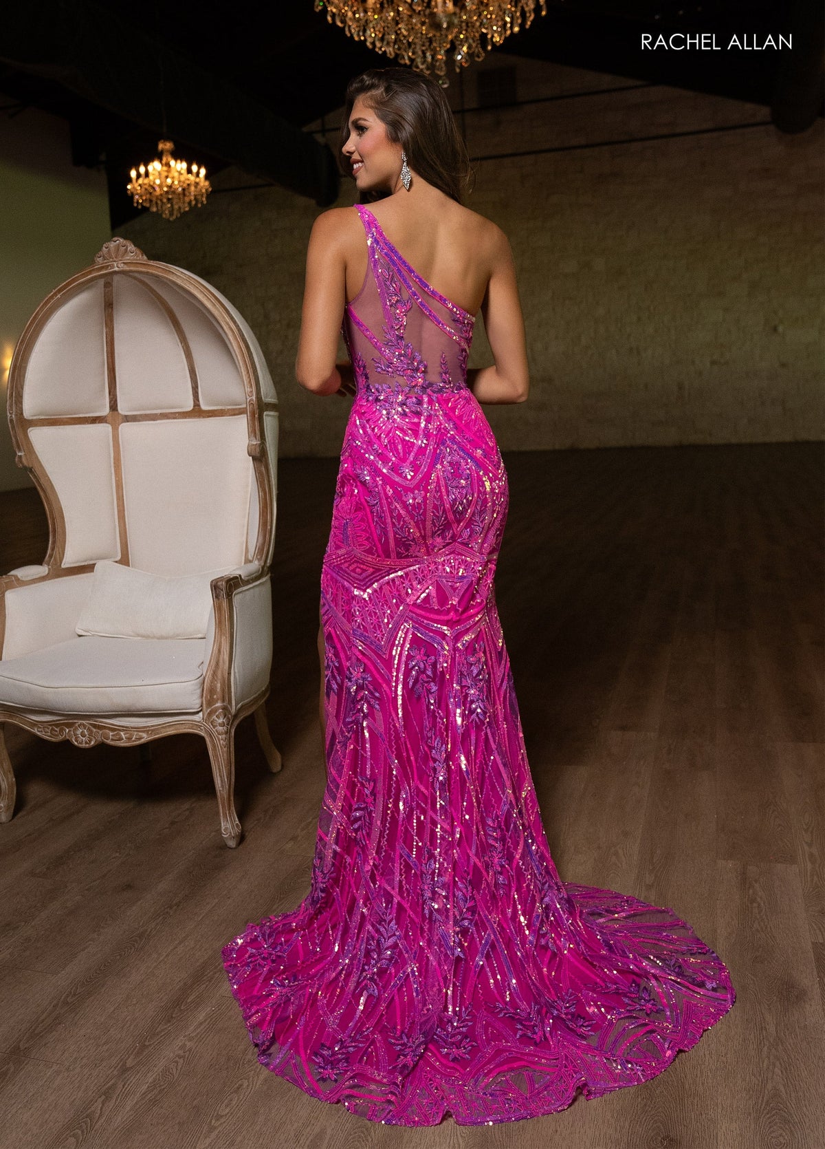 Rachel Allan 70772 Sequin One Shoulder Slit Gown