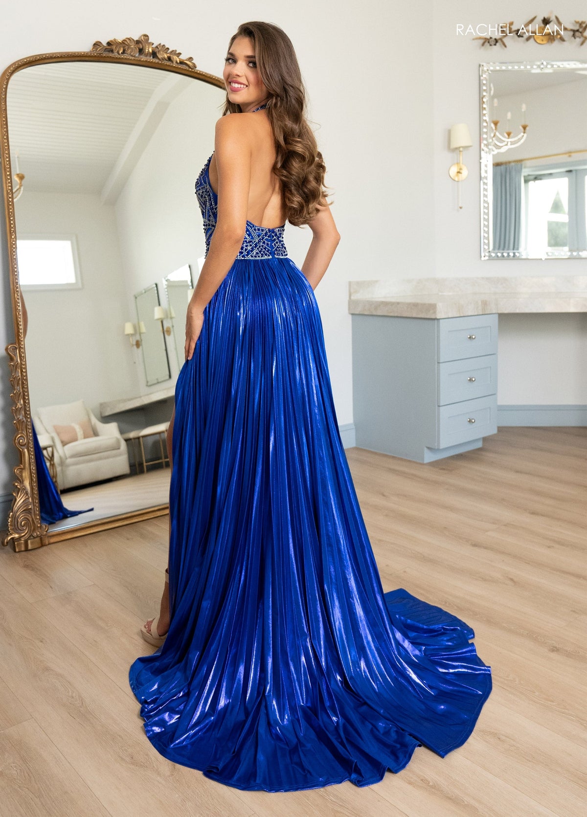 Rachel Allan 70793 Metallic Halter A-line Slit Gown