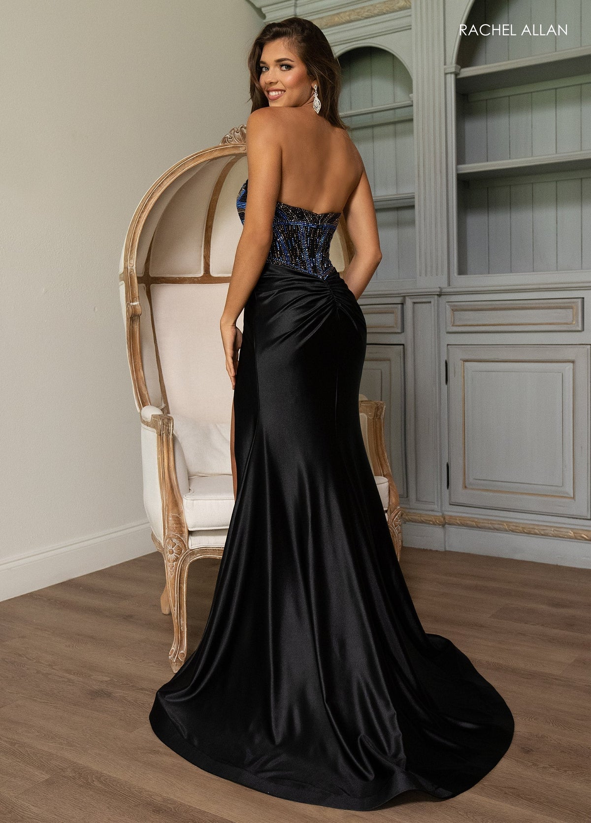 Rachel Allan 70838 Beaded Satin Strapless Slit Gown
