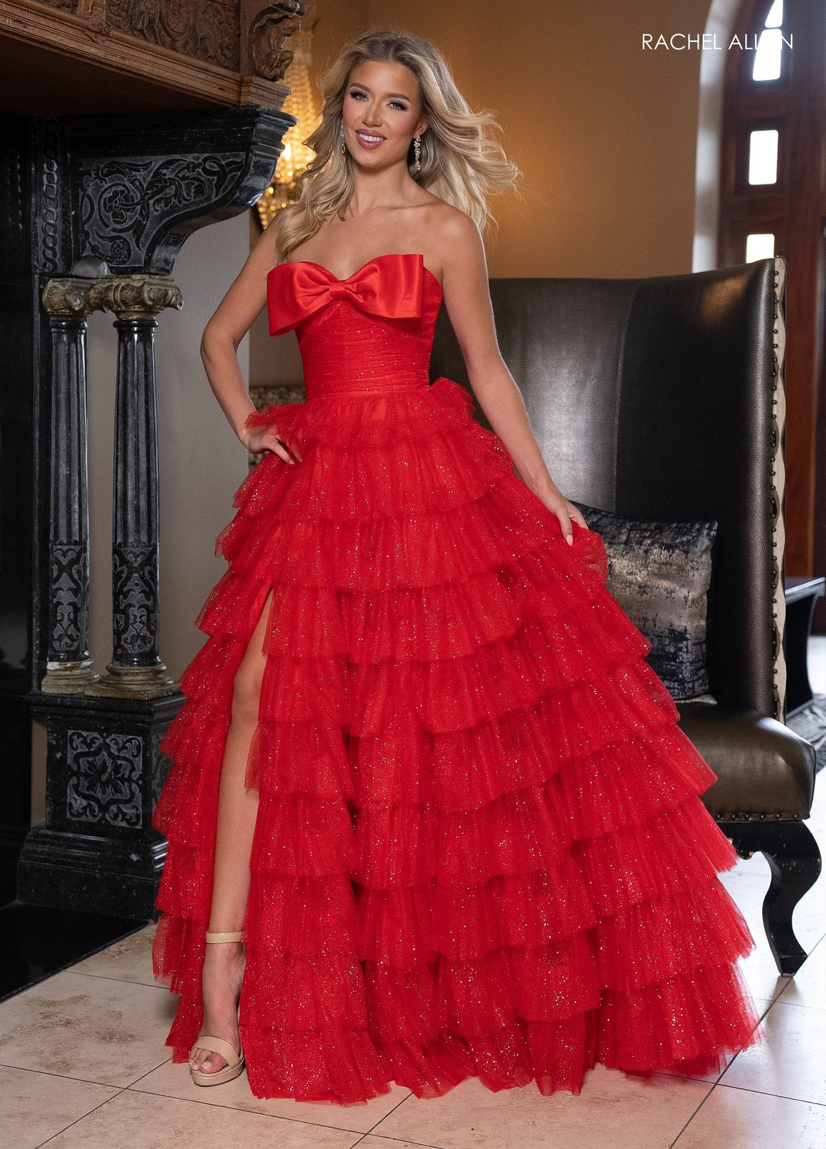 Rachel Allan 70845 Strapless Tiered Slit Gown