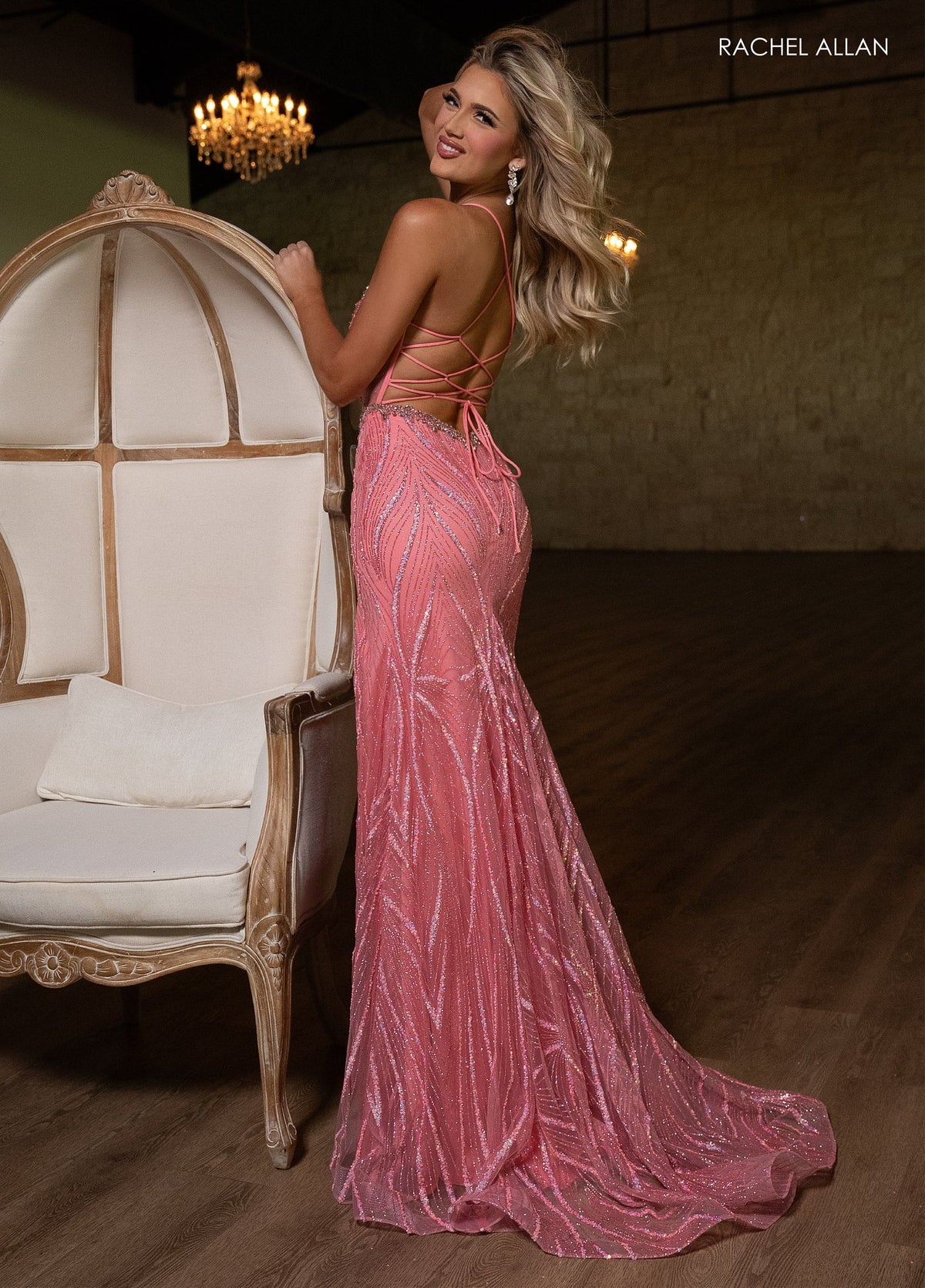 Rachel Allan 70853 Glitter Lace-Up Back Slit Gown