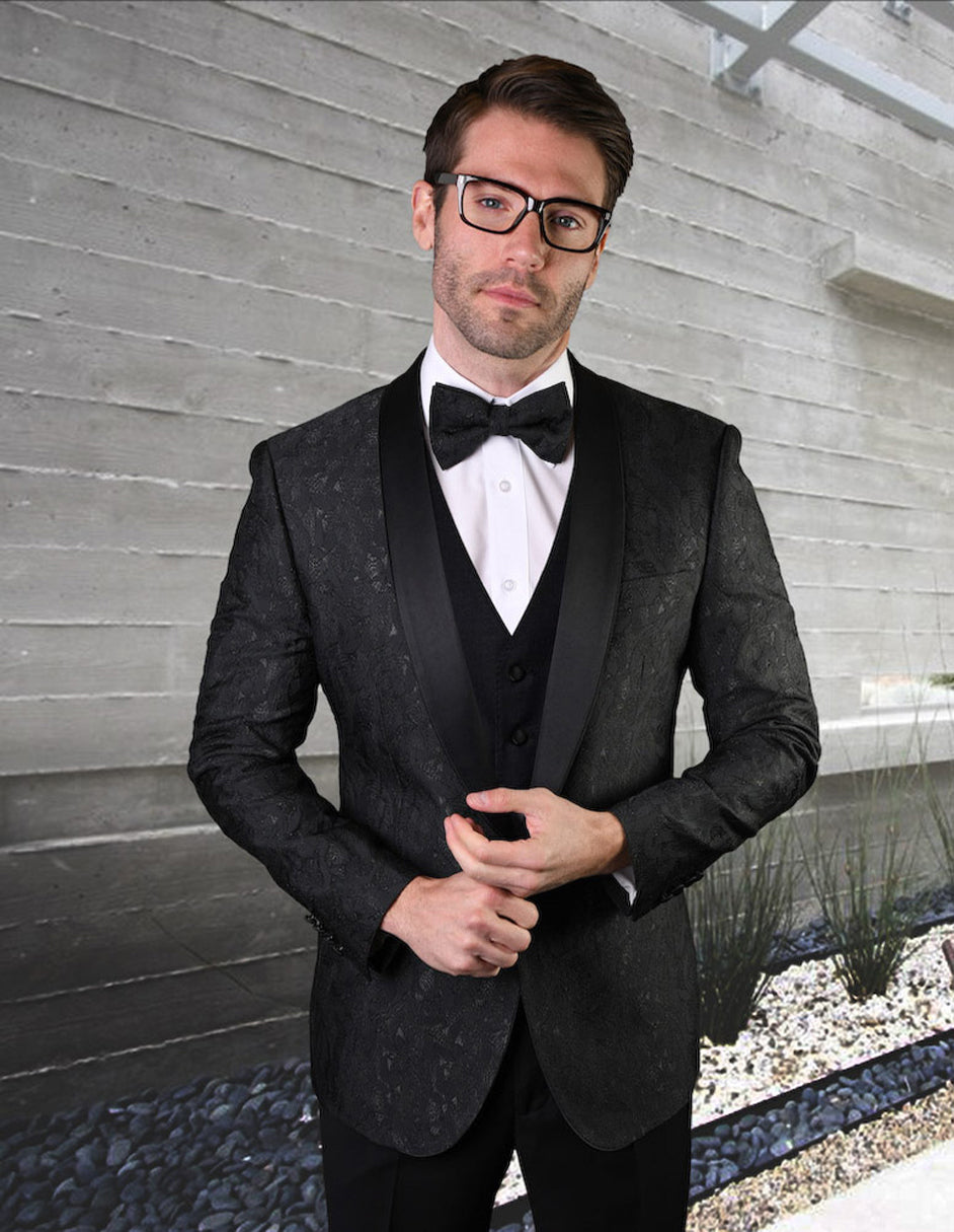 Black Vested Geometric Leaf Tuxedo for Men