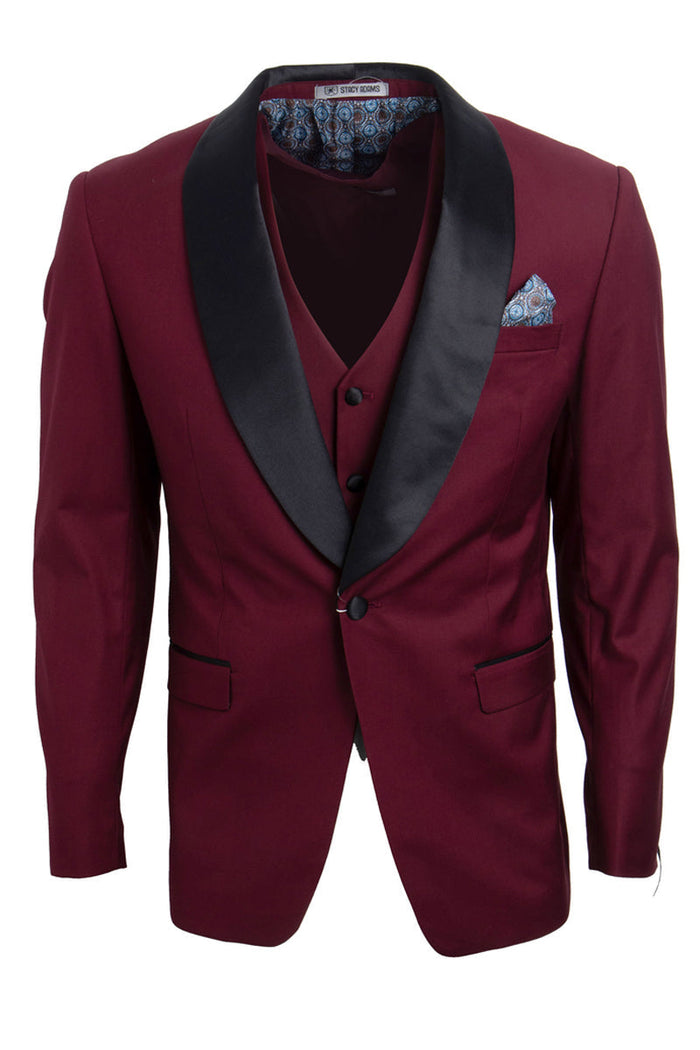 Burgundy Slim Fit Tuxedo with Large Black Shawl Lapel – 3 Piece Wedding & Prom Set