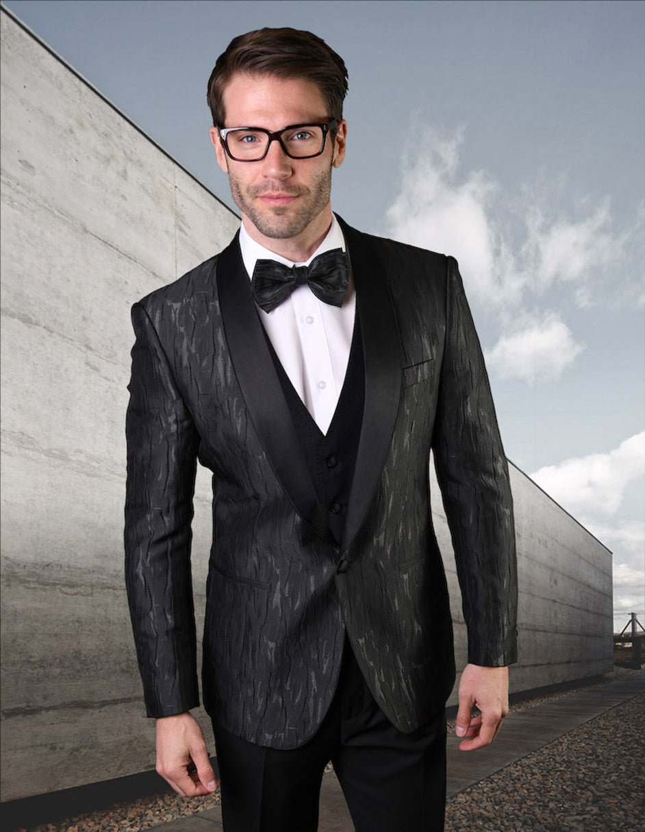 Vested Vertical Texture Print Tuxedo Black