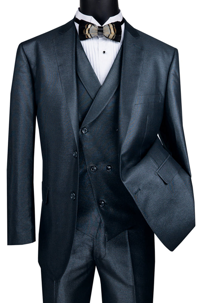 2 Button Sharkskin Suit with Slant Vest - Blue