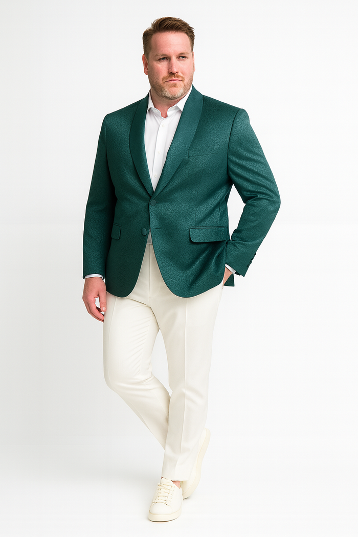 Teal Green Floral Jacquard Slim Tuxedo Blazer