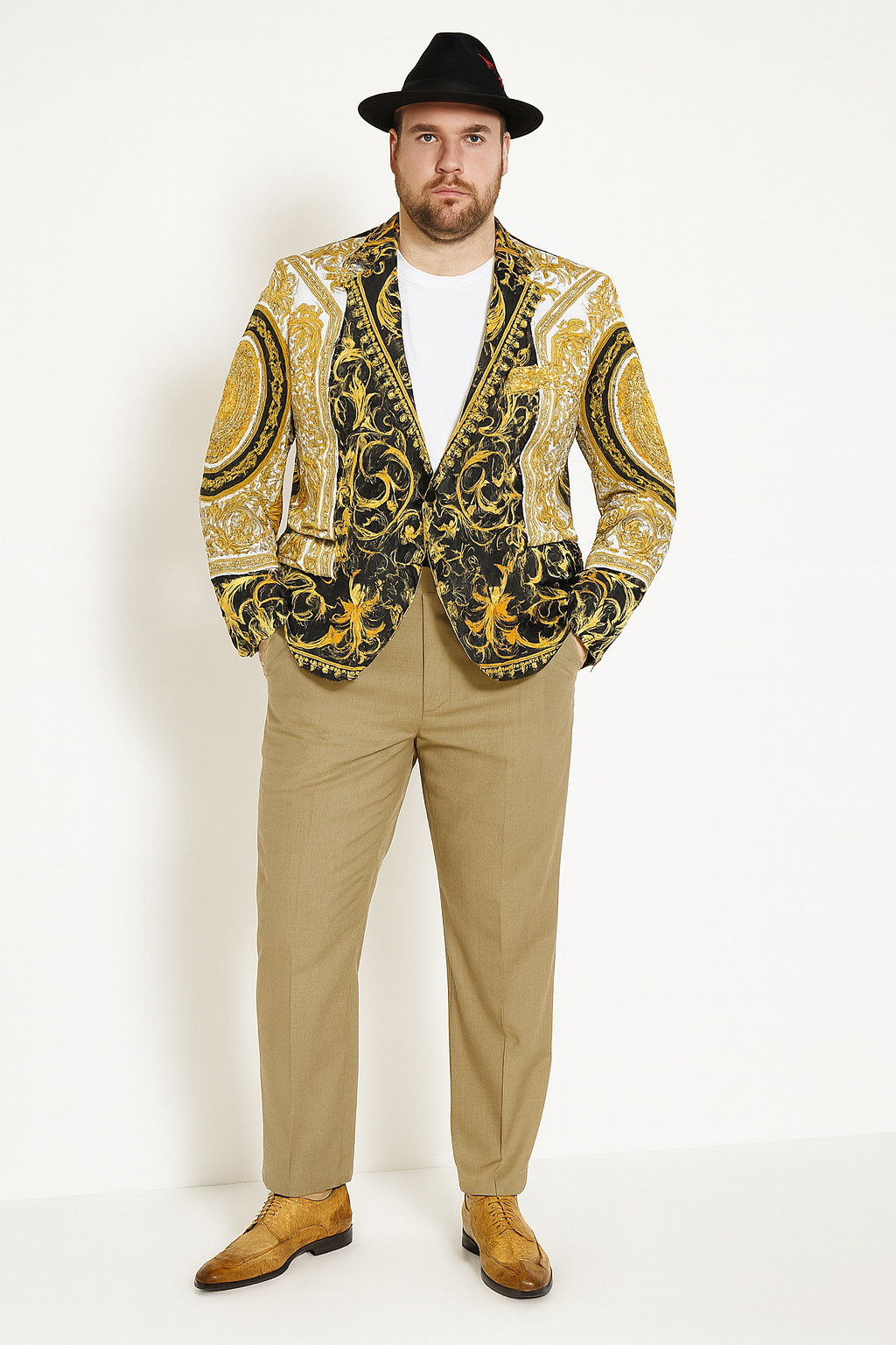 Men’s Black and Gold Baroque Blazer with Matching Pants, Hat, and Shoes – Luxury Party and Wedding Outfit Set