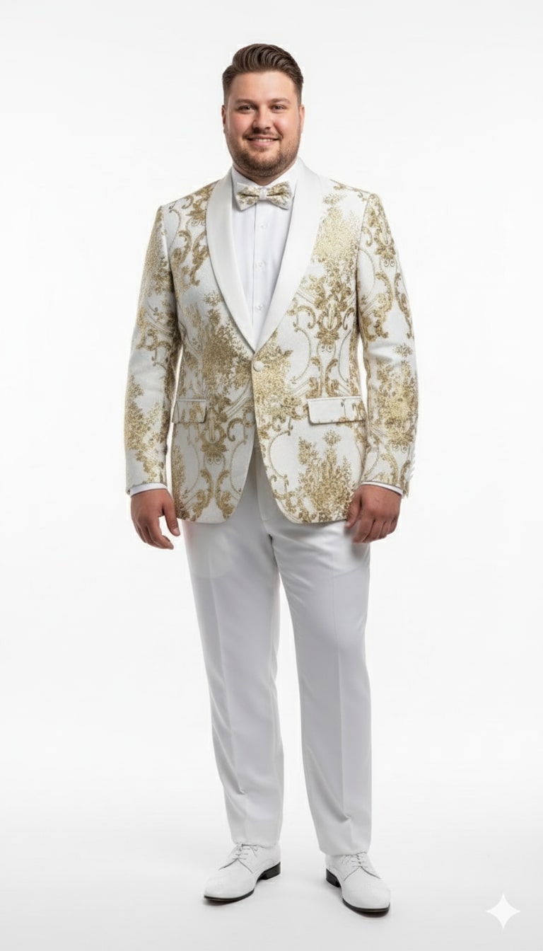 Mens White and Gold Floral Tuxedo Jacket with Satin Lapel – Luxury Prom, Wedding and Formal Dinner Blazer