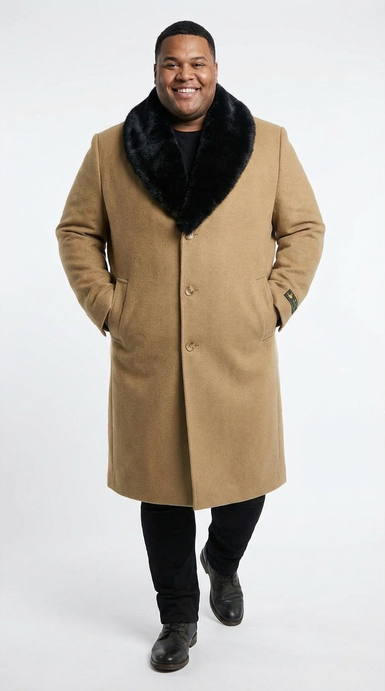 Men’s Camel Tan Long Overcoat with Black Faux Fur Collar - Wool Topcoat Three if not Full length
