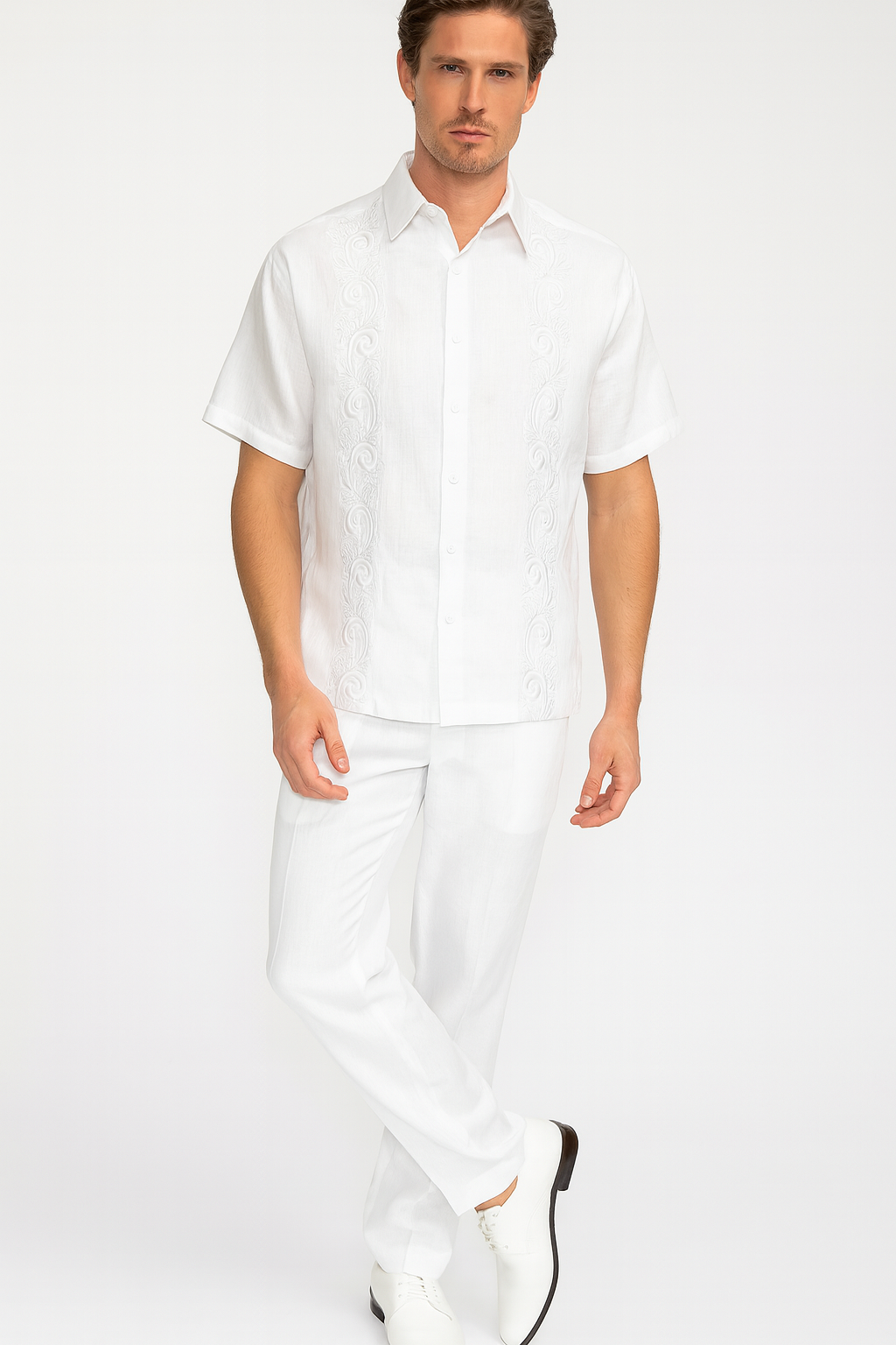 White Linen Embroidered Guayabera Set