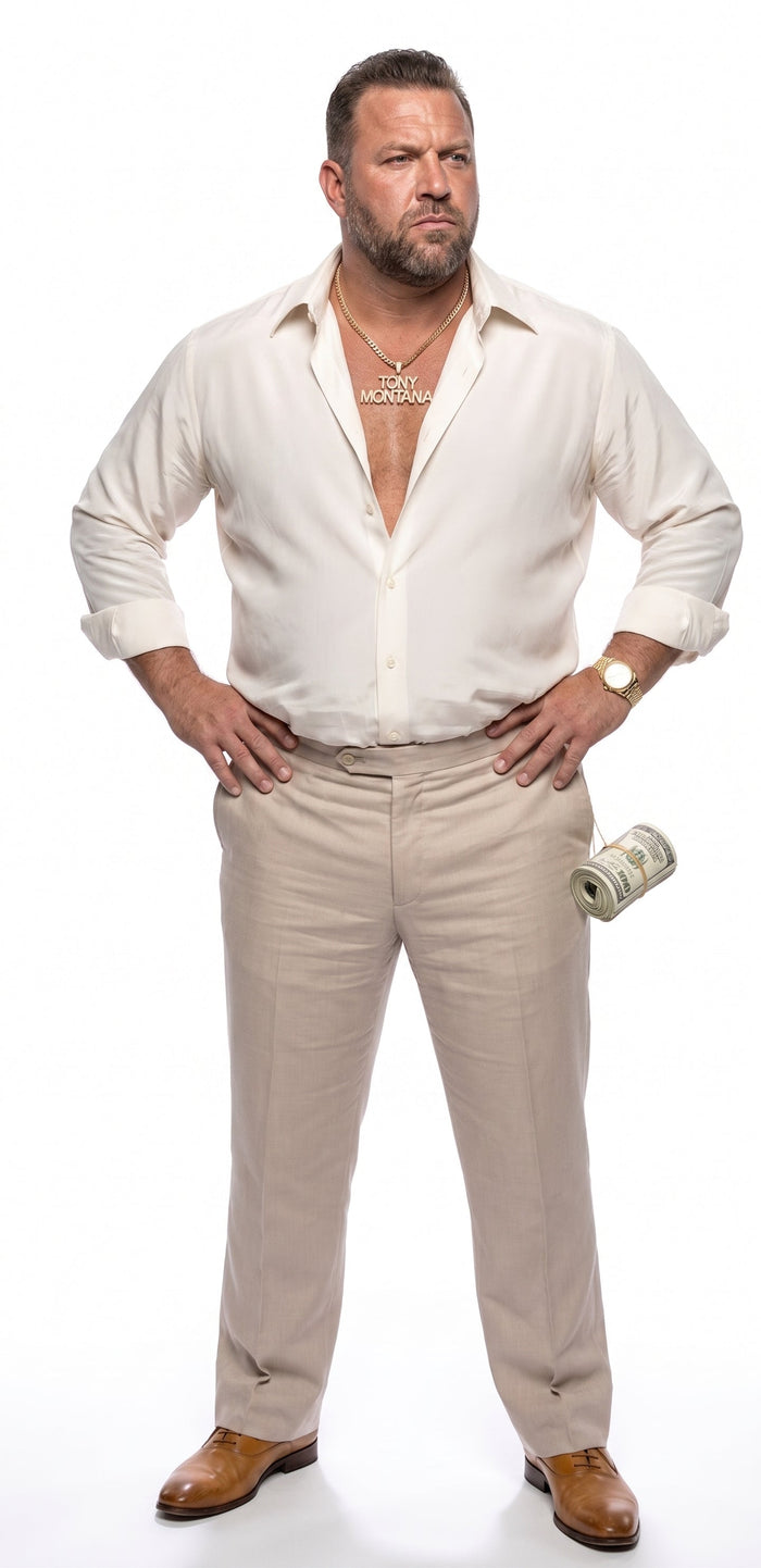 Tony Montana’s White Linen Shirt and Tan Pants – Men’s White Formal Shirt with Tan Trousers for Party, Wedding and Vintage Style Outfit
