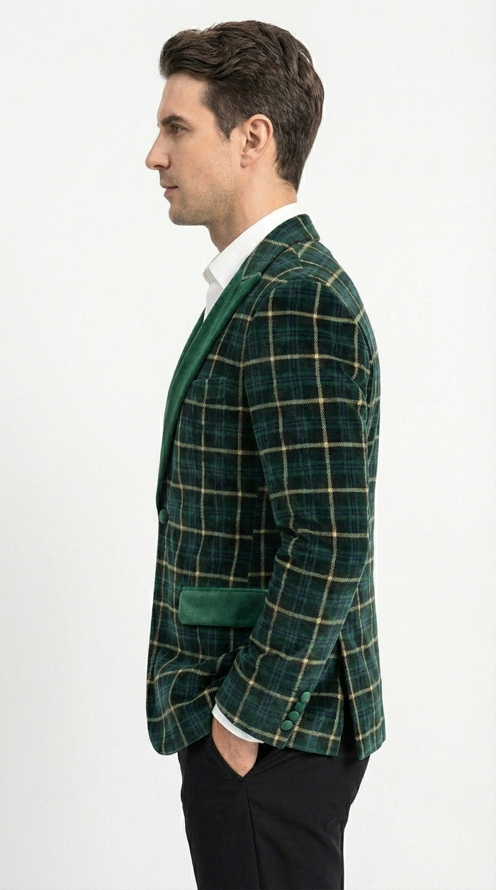 Mens Tartan Green and Gold Check Blazer – Windowpane Plaid Sport Coat Velvet Lapel Plaid Christmas Holiday New Year Jacket