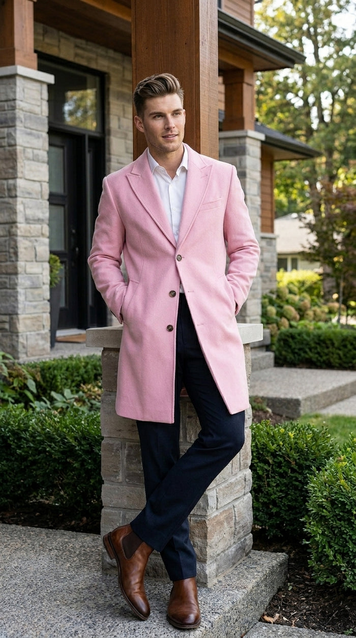 Men’s Light Pink Fashion Overcoat with Notch Lapel, Dress Car Coat for Formal and Casual Wear