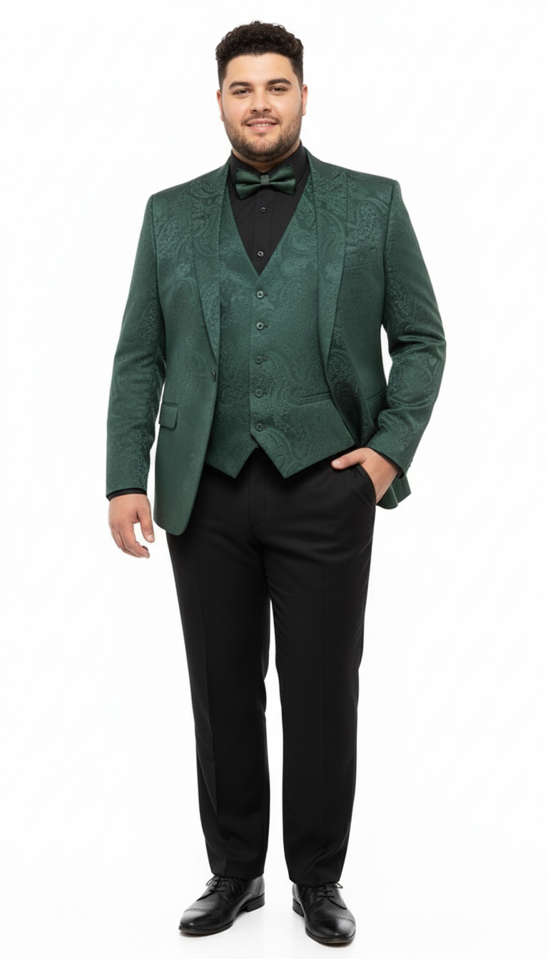 Men’s Emerald Green Paisley Tuxedo 3-Piece Suit – Slim Fit Formal Blazer, Vest, and Pants for Weddings, Proms