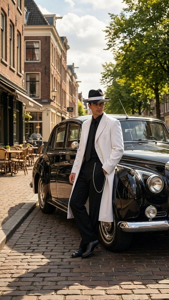 Men’s White Long Zoot Style Suit  | Vintage Gangster Mafia Formal Coat with Black Pants