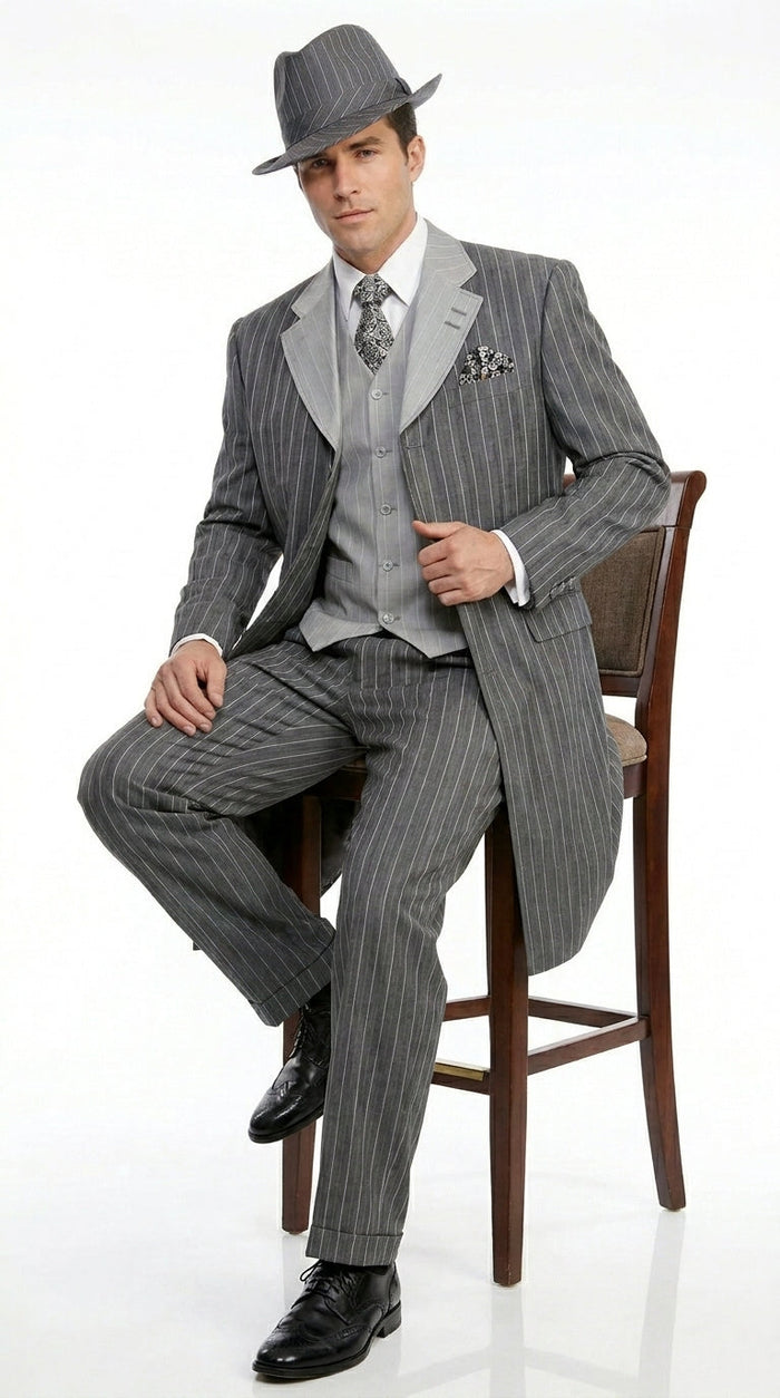 Men’s Grey Pinstripe Zoot Suit 3 Piece – 1920s Gangster Vintage Wide Lapel Suit with Vest for Wedding, Party