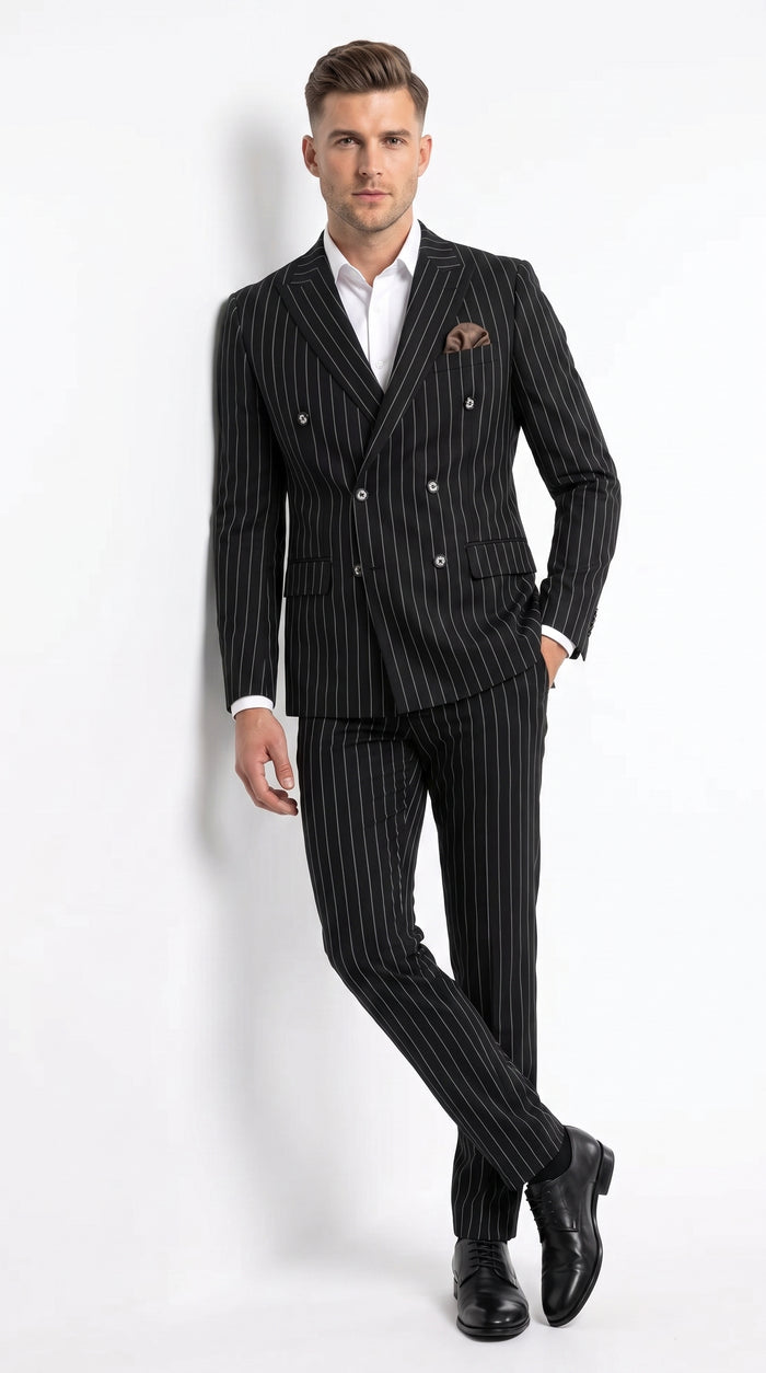 Men's Black Pinstripe Tuxedo Suit – Classic  and 1920s Gangster Formal Wear Vintage 1940s 1930s Look
