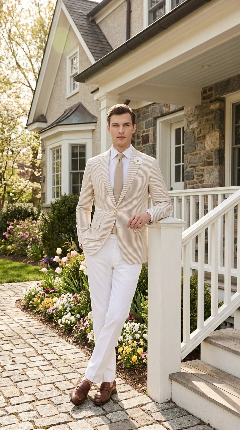 Mens Beige Seersucker Blazer  Lightweight Striped Summer Sport Coat Casual Smart Formal Blazer Beige / 48 Regular
