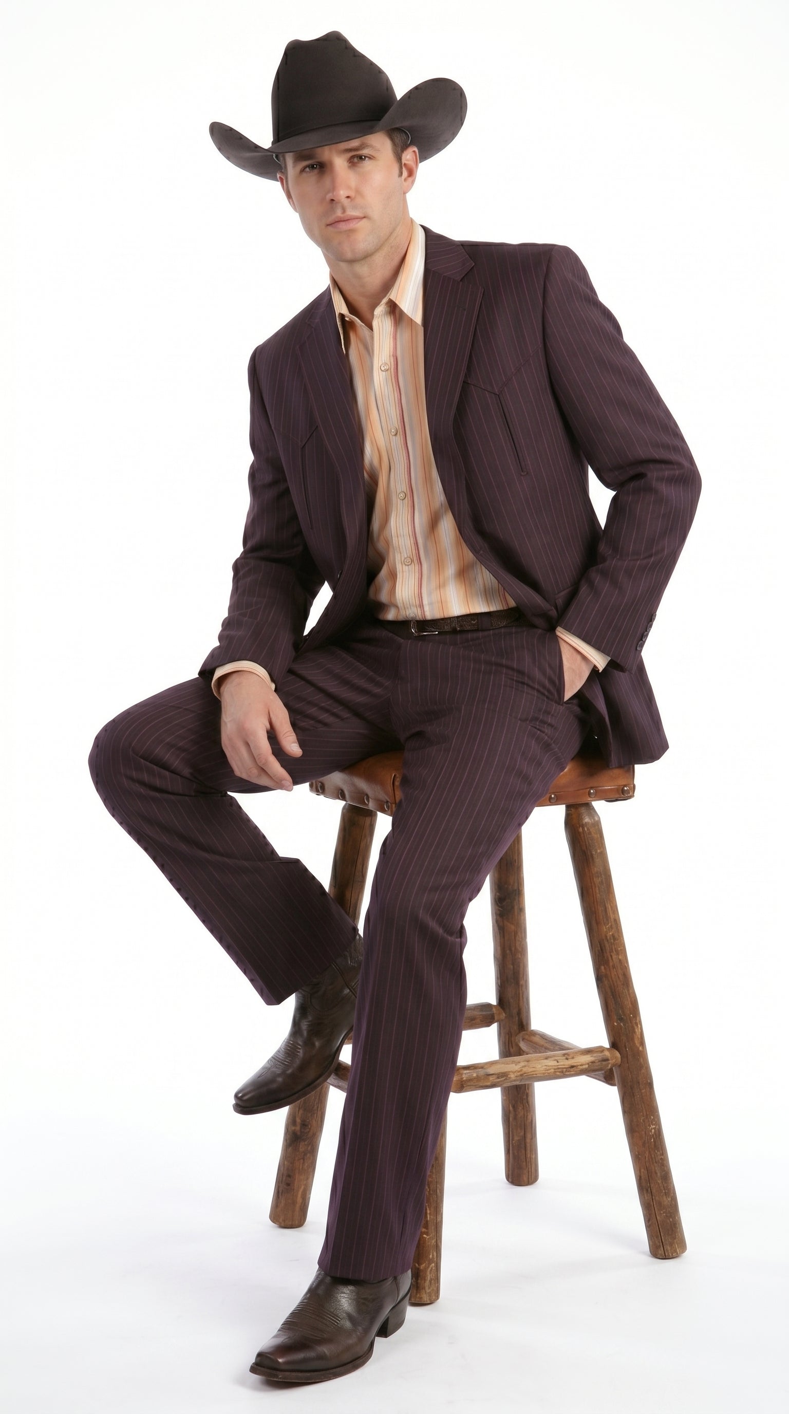 Men's Brownish Black Pinstripe Western Suit, Cowboy Formal Wedding Ran