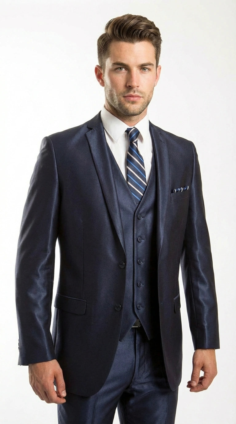 Men’s Navy Blue Sharkskin 3 Piece Suit – Two Button Vested Sleek Formal Suit for Wedding, Prom, Business and Party Wear
