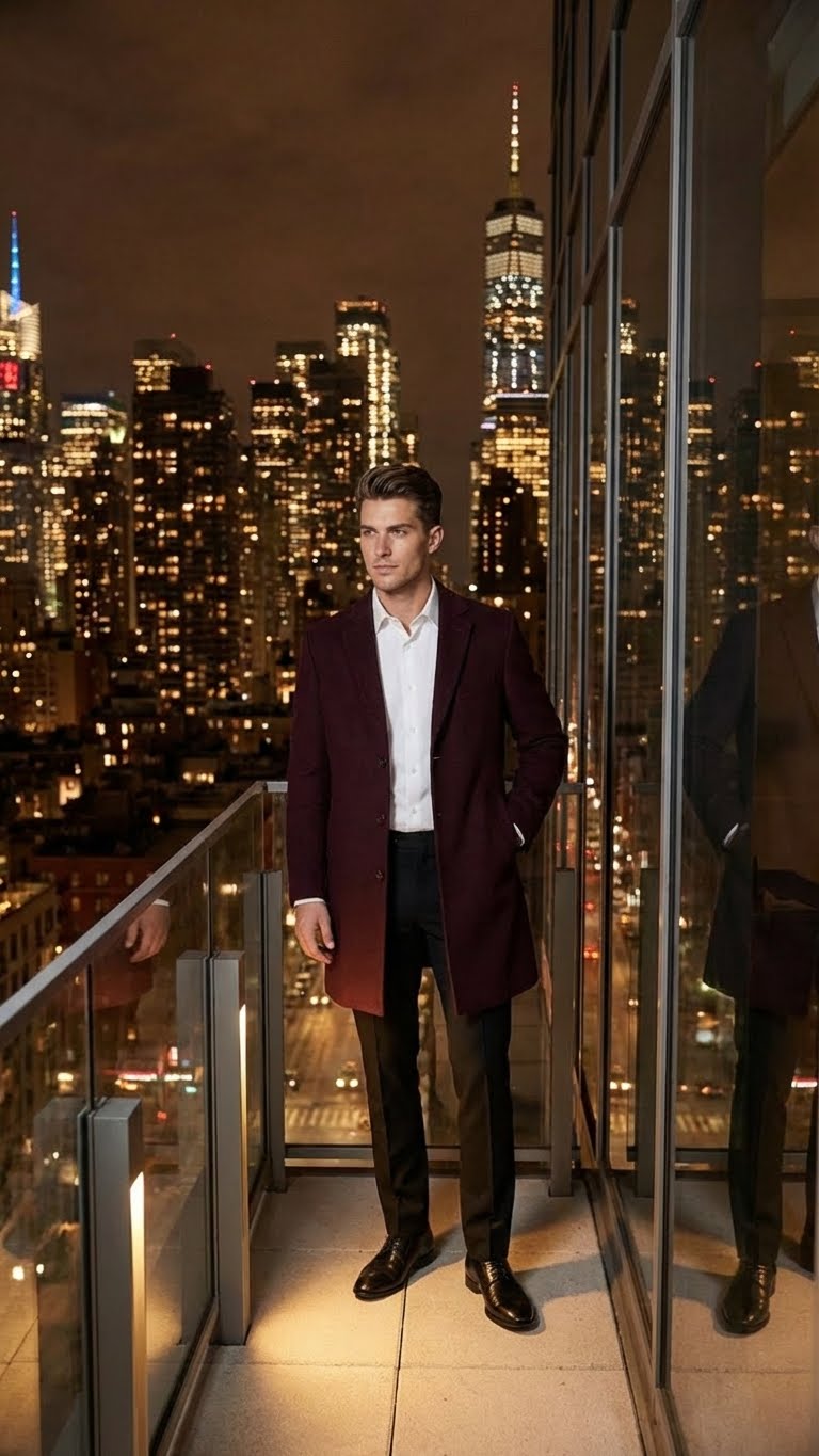 Men’s Burgundy Mid-Length Overcoat – Classic Fit Wool Blend Dress Coat Three Quarter Carcoat Topcoat