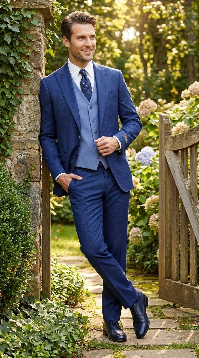 Vitali Men’s Navy Blue 3 Piece Suit with Light Blue Vest, Textured Formal Dress Suit for Weddings, Prom, Business Events, and Parties