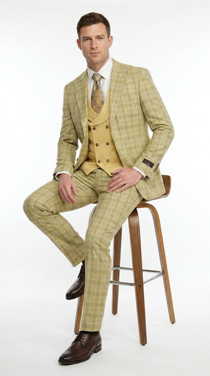 Vitali Men’s Sage Beige Tan Plaid 3 Piece Suit, Check Pattern Formal Dress Suit for Weddings, Prom, Business Events, Modern Fit Light Yellow Color