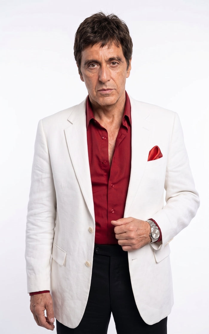 Tony Montana’s White Blazer Red Shirt Black Pants – Men’s White Blazer Outfit with Red Shirt and Black Trousers for Party, Wedding and Vintage Style Wear