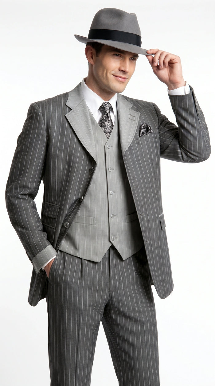 Men’s Grey Pinstripe 1920s Gangster 3 Piece Suit, Contrast Lapel Vintage Formal Suit for Parties, Prom, Weddings, and Theme Events