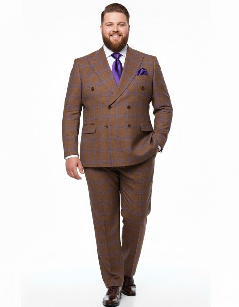 Men’s Brown Plaid Double-Breasted Suit – Premium 2-Piece Classic Checkered Windowpane Suit by Rossiman