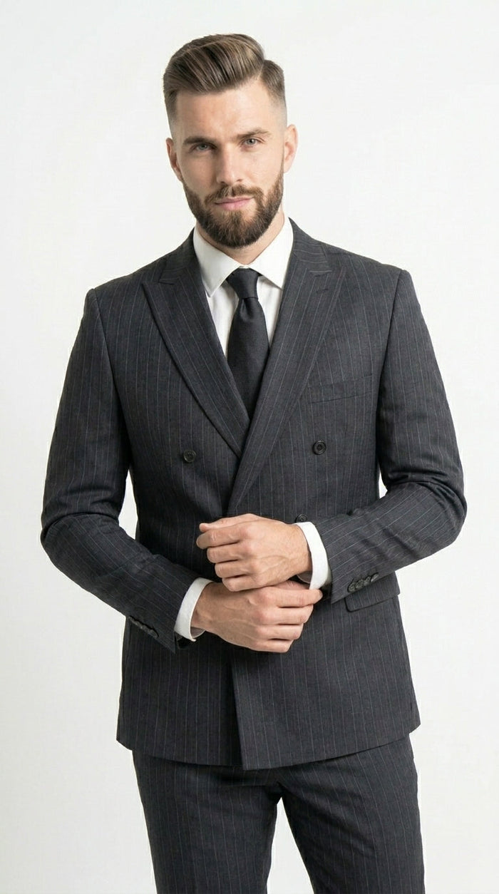 Men’s Black Pinstripe Double Breasted Suit – Classic Formal Business Suit Office and Evening Wear Modern Fit Conservative pattern