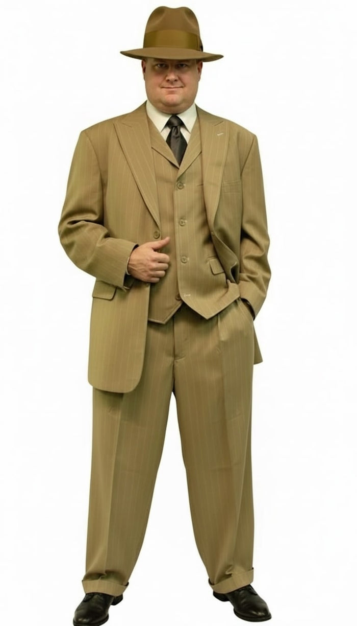 Mens Tan Pinstripe 1920s Gangster Zoot Suit