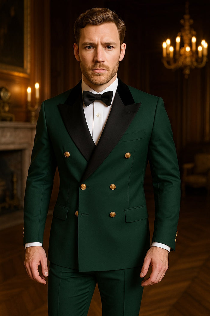 Green Double-Breasted Tuxedo with Velvet Lapel