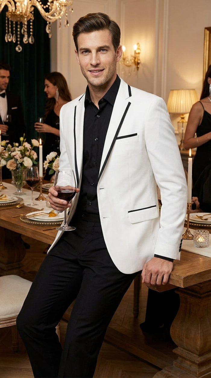 Men’s White Disco Blazer 70s Era Costume Jacket – Black Trim Retro Party Blazer, Vintage Dance Outfit, Stylish Evening Themed Wear