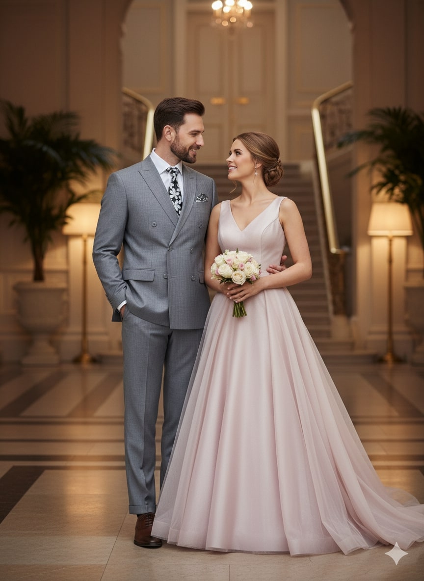 Grey Double-Breasted Slim Fit Suit