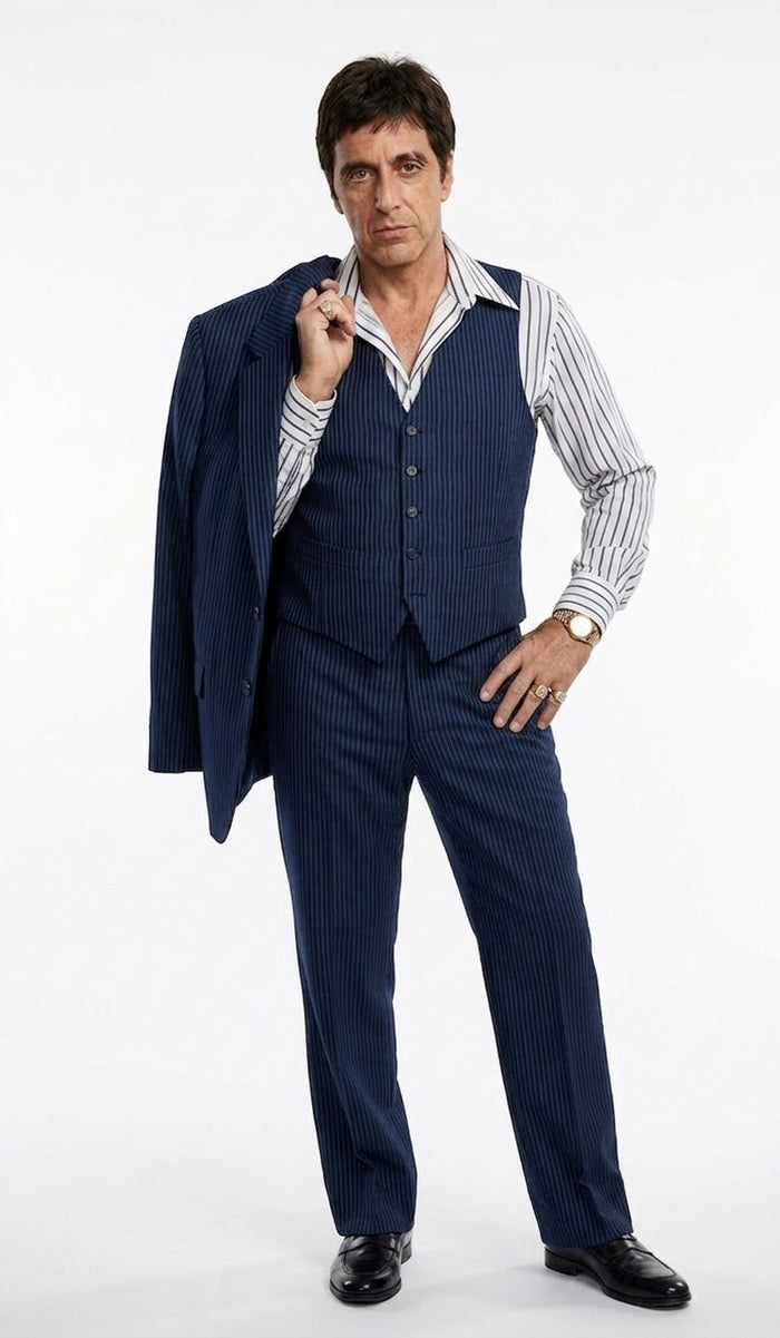 Tony Montana’s Blue Pinstripe 3 Piece Suit – Men’s Vintage Blue Striped Suit for Wedding, Prom and Classic Formal Wear