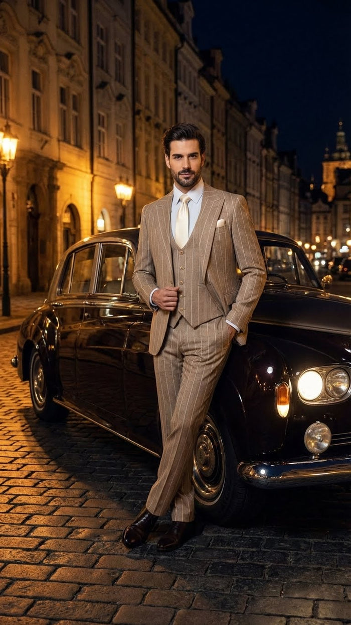 Men's Beige Pinstripe Three-Piece Vested Suit – Tailored Fit  Business Attire in Tan Stripe by Rossiman