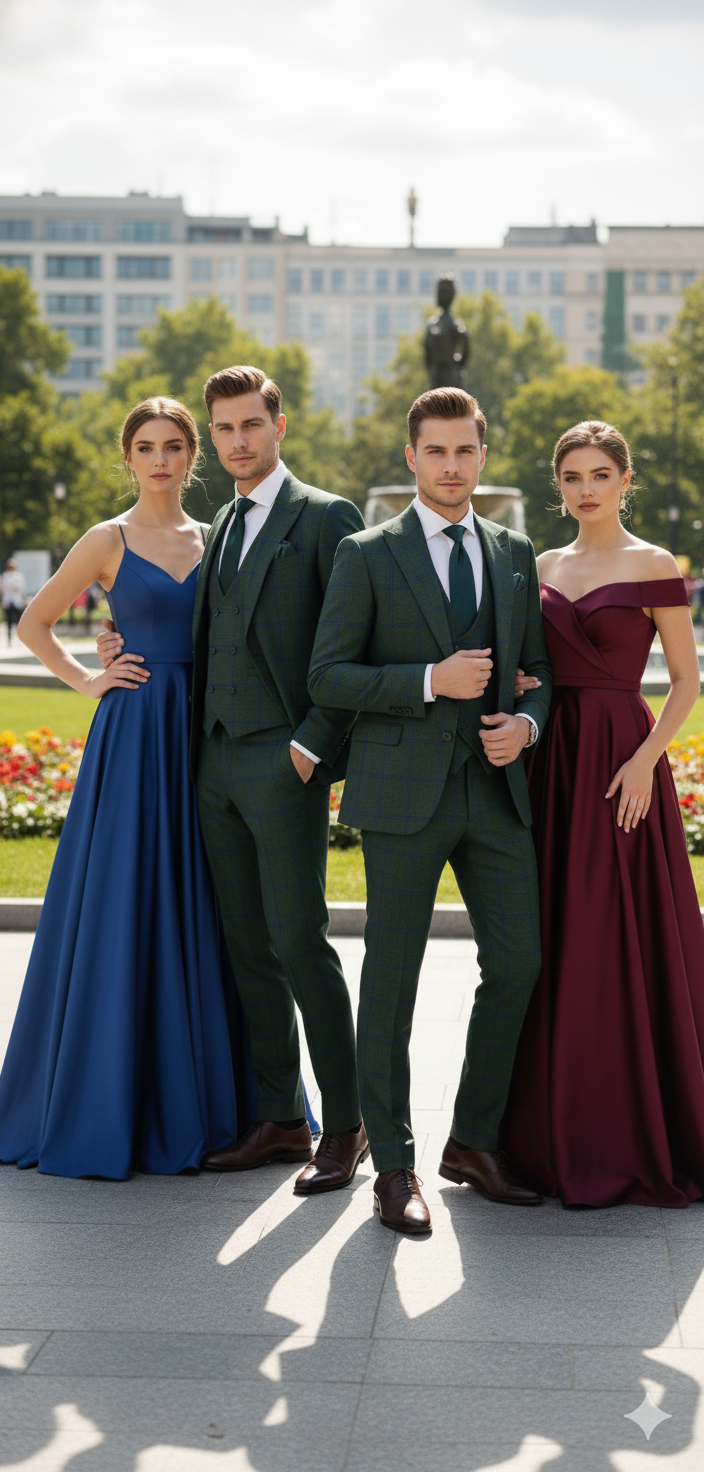 Men’s Green Plaid Classic Slim 3-Piece Suit