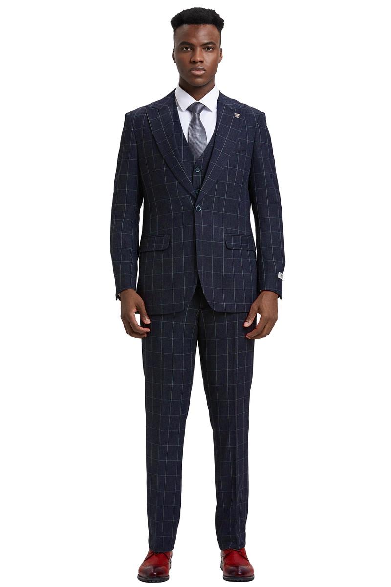 Stacy Adams Windowpane Vest Suit - Navy Blue