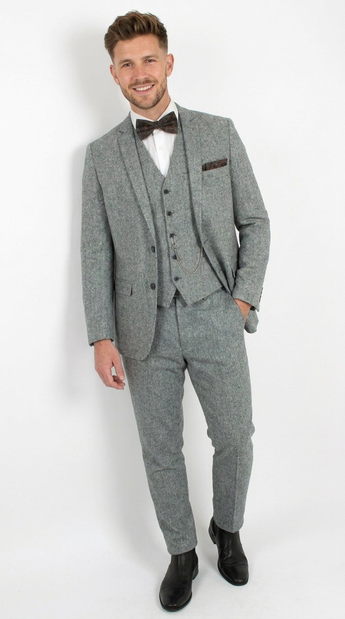 Men’s Grey Edwardian 3 Piece Suit – Vintage Victorian Wedding Suit with Vest Herringbone Tweed Fabric